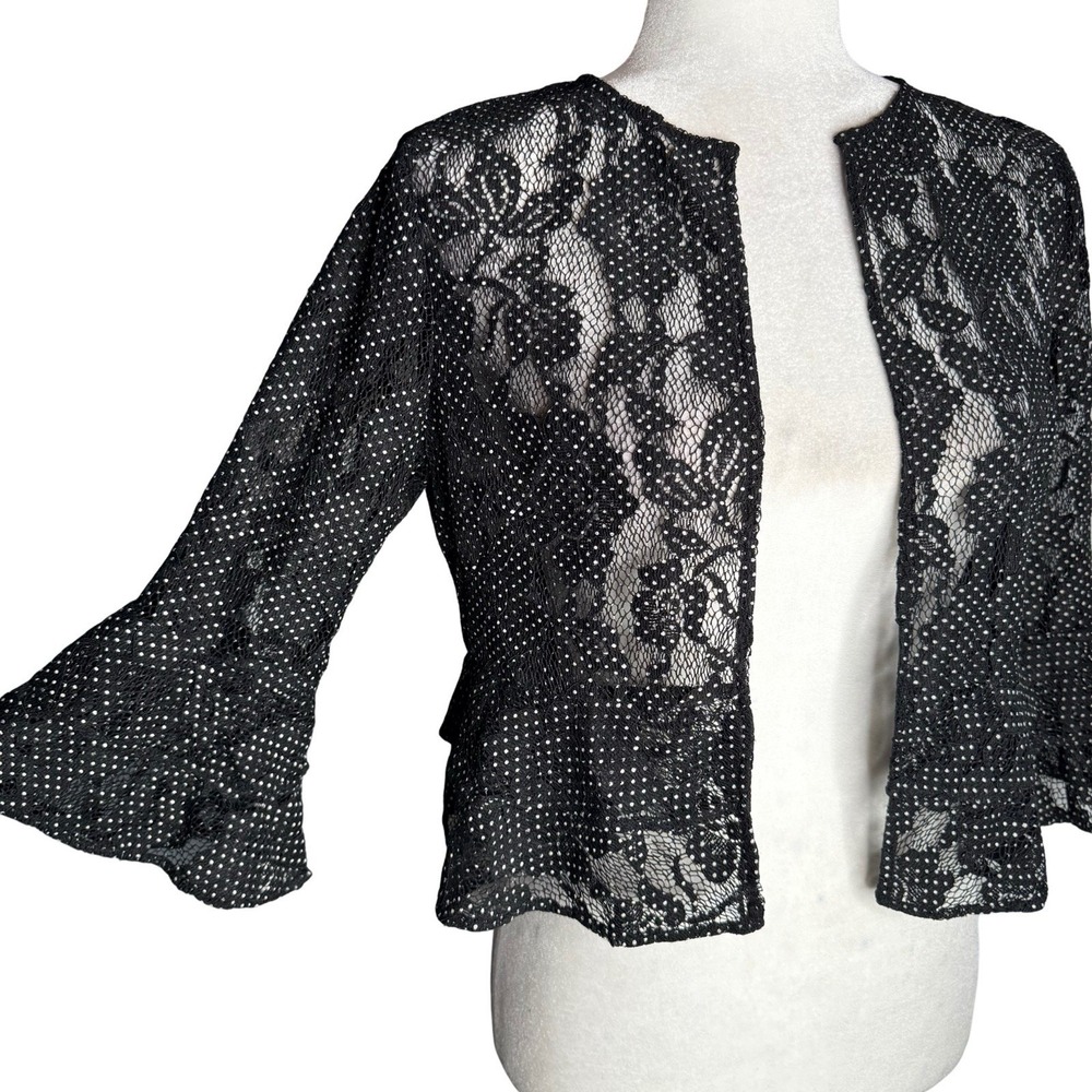 LRL Ralph Lauren Small Lace Overlay Cardigan Bell Sleeve Open Sheer Black Ruffle